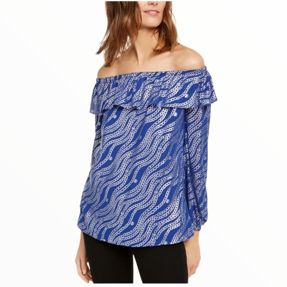 New Michael Kors Women's Blue Chain Print Off Shoulder Top Size Xsmall - Picture 1 of 15